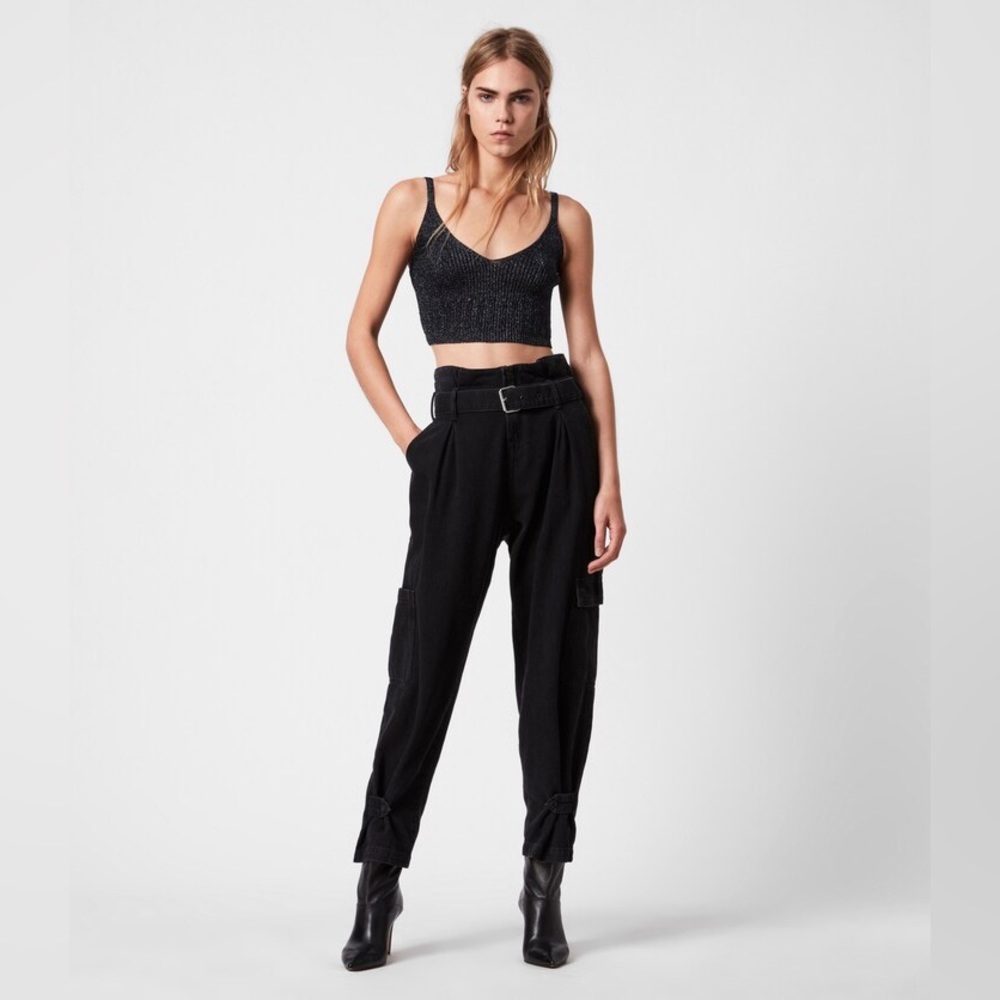 Allsaints Mona Mid-Rise Paperbag Slim Jeans, Washed Black